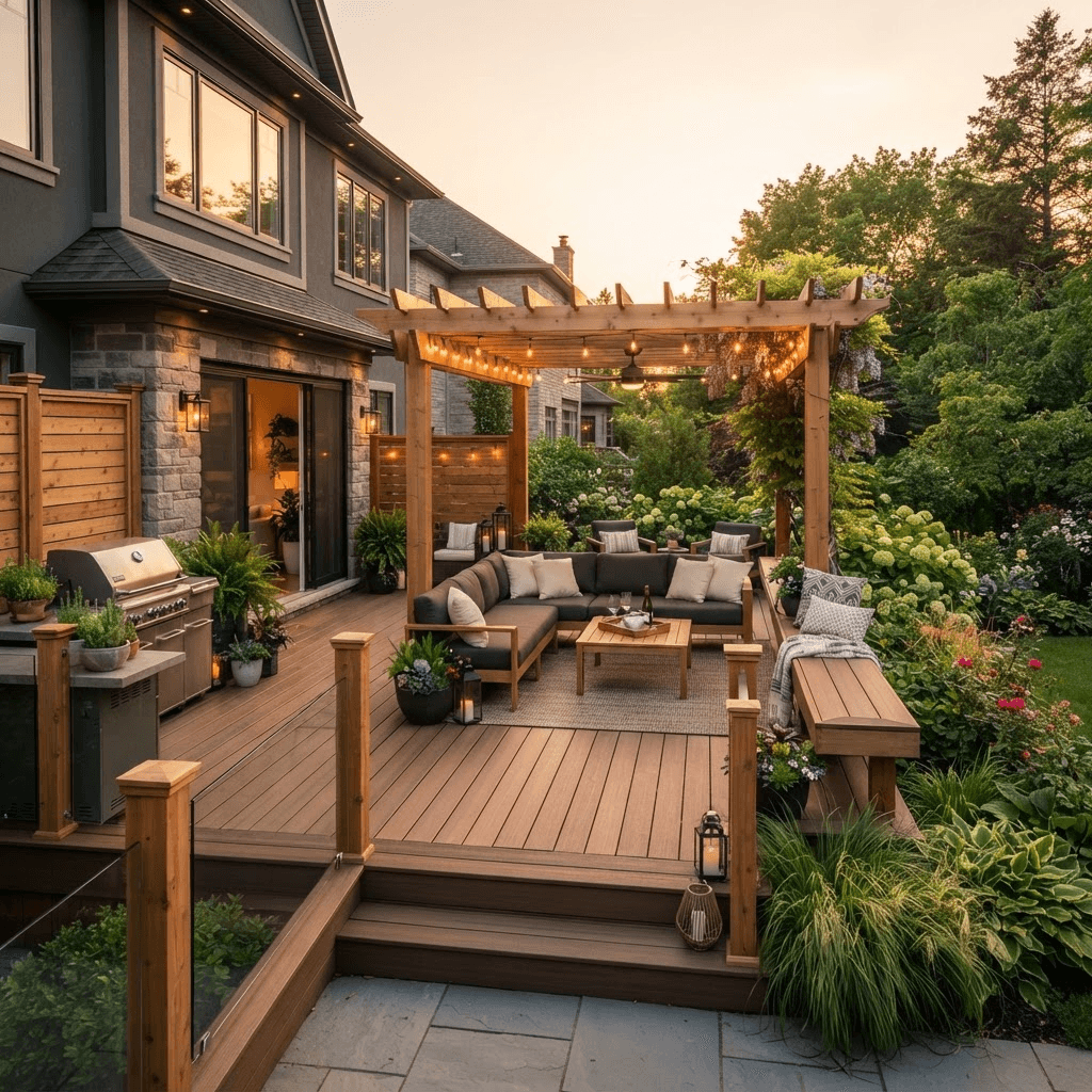 A custom backyard deck with a pergola and outdoor seating